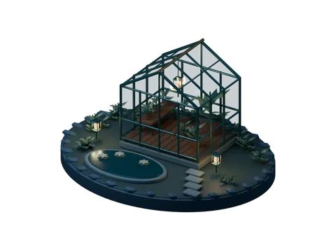 Blender render of the conservatory and pond