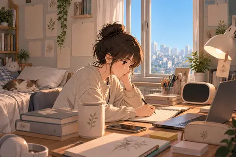 Study-room illustration with a desk clock